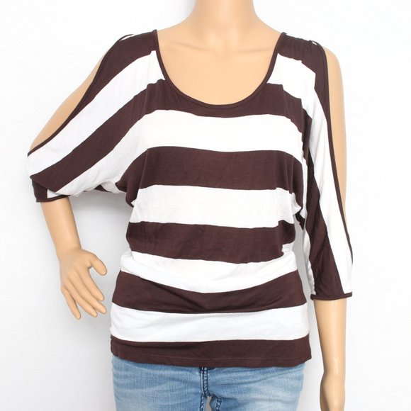 INC International Concepts Brown White Striped Cold Shoulder Top S - Picture 1 of 6